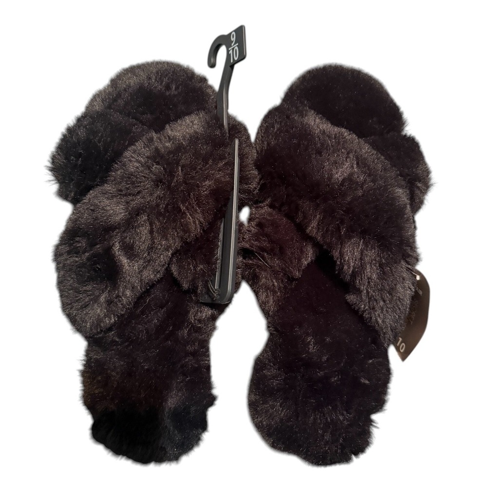 Womens Furry House Slippers Cross Band Indoor Outdoor Memory Foam  9-10 Black